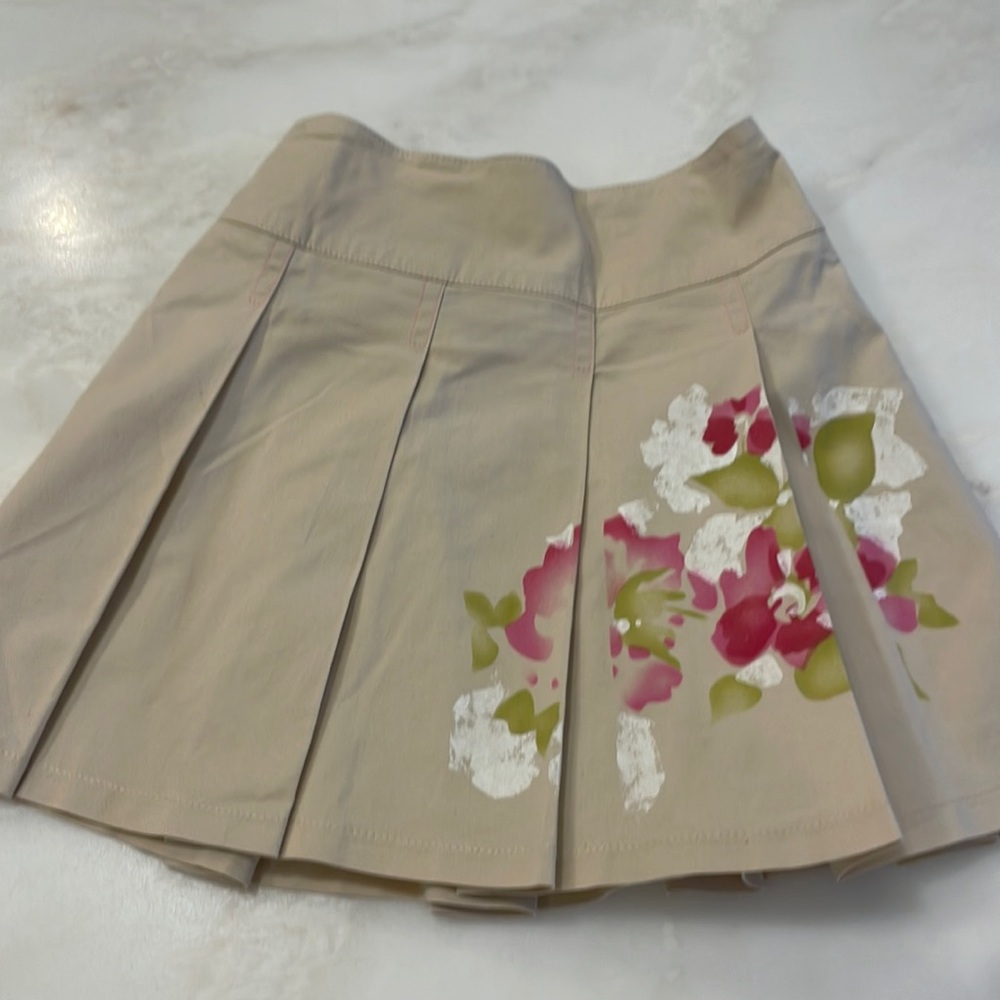 NWOT La Perla Tan Cotton Pleated Skirt With Floral Print-Size 7